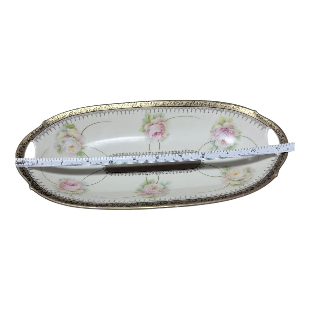 VTg Bavaria Handpainted Porcelain Bread Tray Celery Dish Pink Roses Gold‎ Trim - Picture 7 of 9